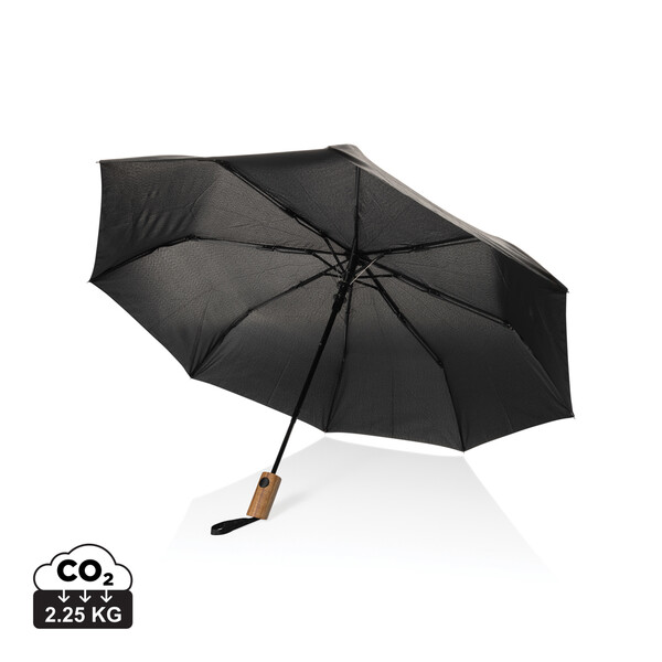Kaycey 21" AWARE™ RPET Acaciahouten mini auto open paraplu - Zwart