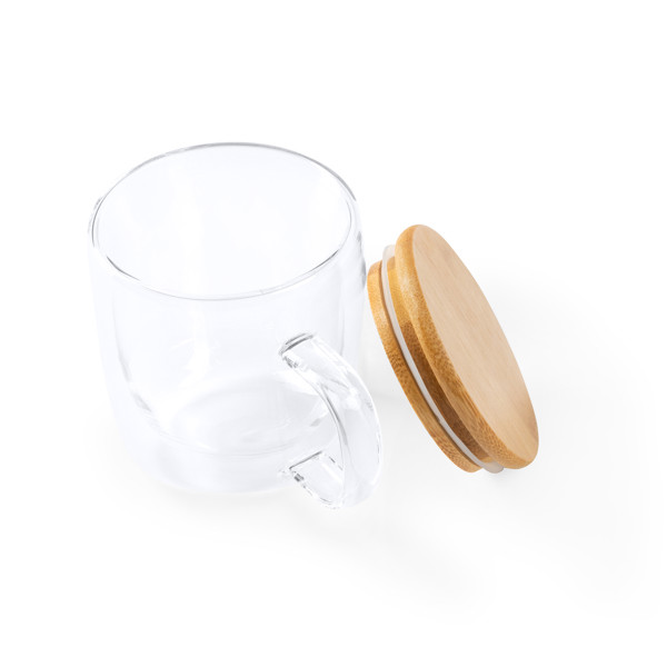 Double-wall personalised borosilicate glass mug 280 ml with bamboo lid