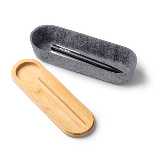 Personalised pencil case in bamboo and recycled felt with ruler lid and smartphone stand