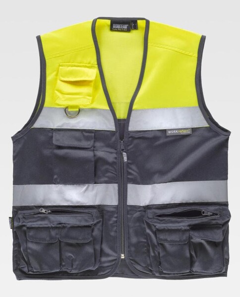 Colete tipo Safari Combinado com Fitas Refletoras - Cinza / Amarelo