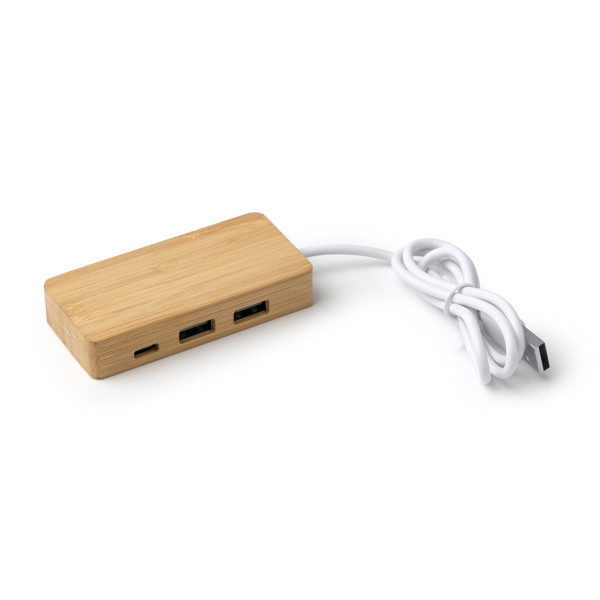 Hub USB personalizado de bambú con 2 puertos USB y 1 puerto tipo C