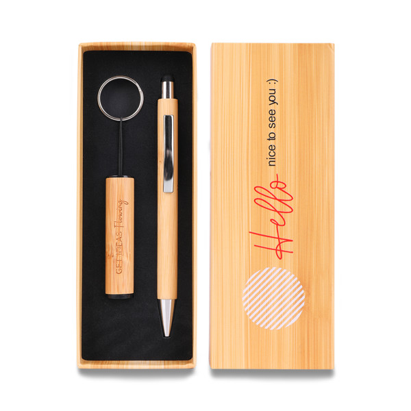 Pelak bamboo pen and torch keychain in a gift box