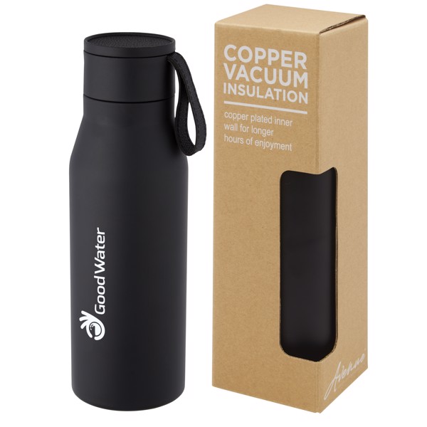 Ljungan 500 ml copper vacuum insulated stainless steel bottle with PU leather strap and lid - Black