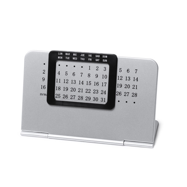 Personalised perpetual desk calendar in metal with silver stand and sliding frame