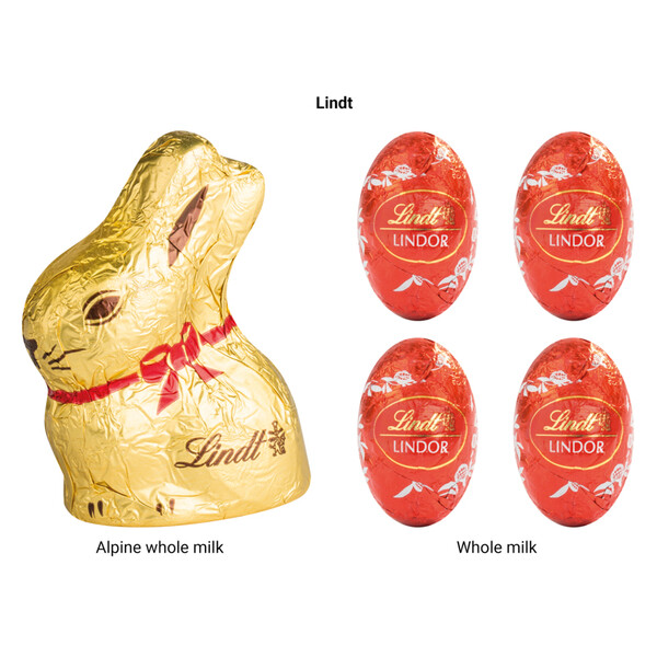 Propagačný obal Stand- Up Box z bieleho kartónu - Biela / Lindt mix: 4 Lindor mini eggs (alpine milk, red) & 1 golden rabbit 10 g
