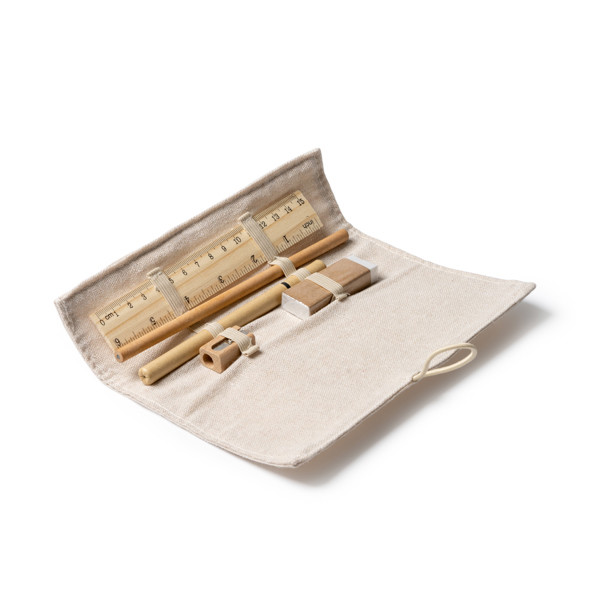 Natural writing set personalised with bamboo ruler, paper pencil and cardboard pen in jute pouch