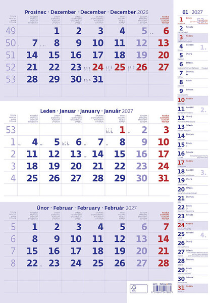 Nástěnný kalendář Tříměsíční s poznámkami