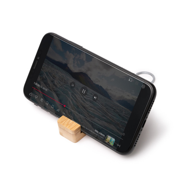 Personalised bamboo keyring with smartphone stand and anti-stress function