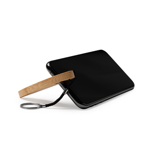 Personalised bamboo keyring with mobile phone stand