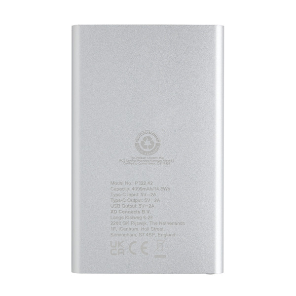 Xd Collection powerbank 4000 mAh, tip C, ploščat dizajn - Silver