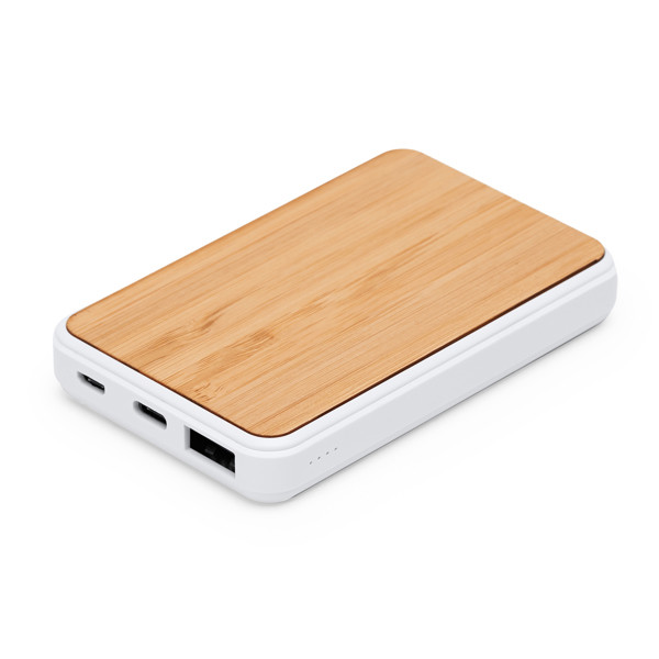 Personalised bamboo and ABS power bank 5000 mAh with dual USB-C port