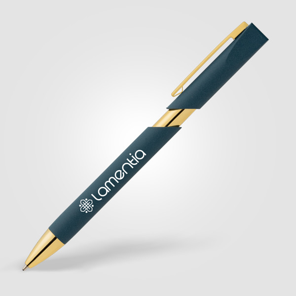 Stylo Aurelia avec finitions dorées en plastique recyclé - Bleu marine / Jet d’encre 4 couleurs