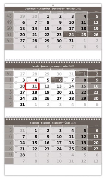 Slovenské trojmesačné menné so sviatkami európskych štátov (CZ / SK / A / B / D / F / H / CH / I / PL / RUS / UKR) Slovenský trojmesačný kalendár  so špirálou, 31,5x55,5cm+18cm - šedý