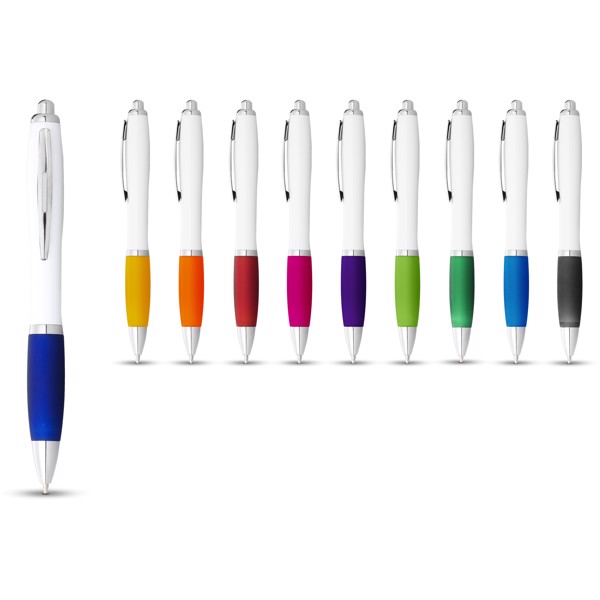 Stylo bille avec corps blanc et grip coloré Nash - Blanc / Noir