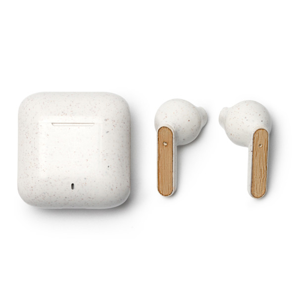 Auriculares inalámbricos personalizados de fibra de trigo y bambú con estuche de carga