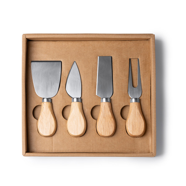 Set de quesos personalizado con utensilios de acero inoxidable y mango de madera en estuche eco