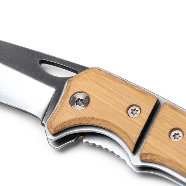 Personalised stainless steel knife with bamboo handle and carabiner