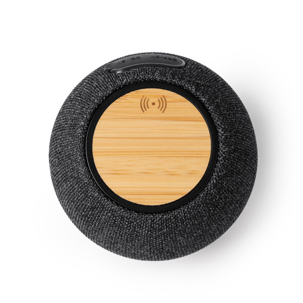 Altavoz inalámbrico personalizado de bambú y RPET con carga inalámbrica 15W