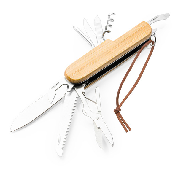 Personalized multitool pocket knife bamboo and stainless steel 9 functions with faux leather pouch