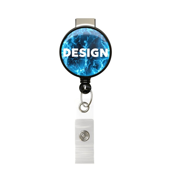 Enrouleur de badge rétractable de forme ronde avec logo ⌀2,8cm - Quadri / Noir / Clip bouledogue