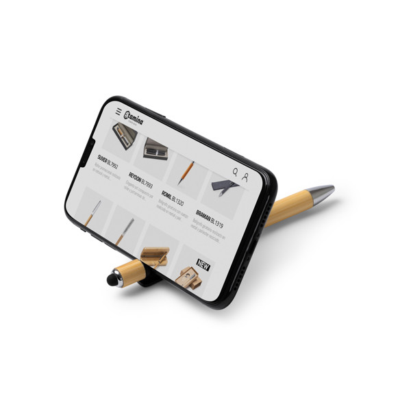 Promotional bamboo pen with anti-stress spinner and touchscreen stylus personalised