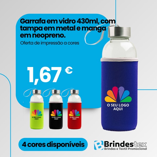 Garrafa em vidro 430ml, com tampa em metal e manga em neopreno. Oferta de impressão a cores
