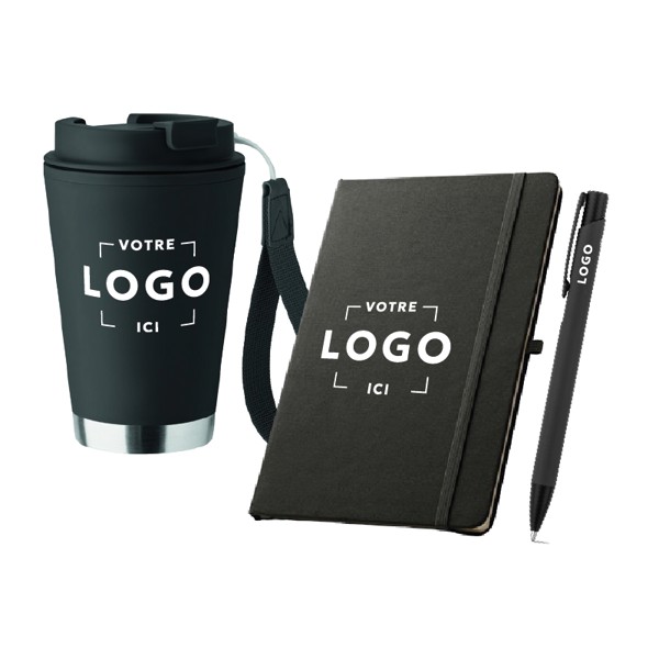 Kit de réception - Bloc-notes, tasse isotherme et stylo + impression