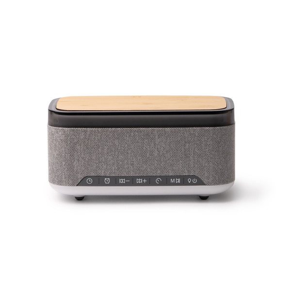 Altavoz inalámbrico personalizado de bambú y RPET con despertador, lámpara y carga inalámbrica 10W