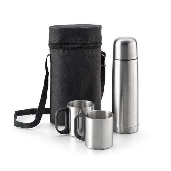 Conjunto garrafa térmica e canecas em aço inoxidável - DURANT