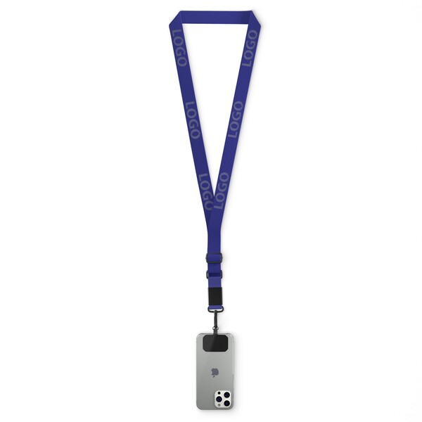 Vævet justerbar crossbody-telefonholder med logoindgraveret metalplade. Fra 100 stk - Reflex Blue C / Hvid