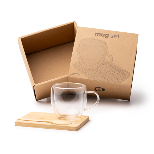 Personalized double-wall borosilicate glass mug set 250 ml with bamboo coaster and spoon