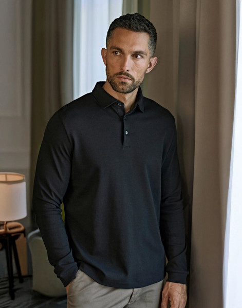 Pima Cotton Long Sleeve Polo - Black / 3XL