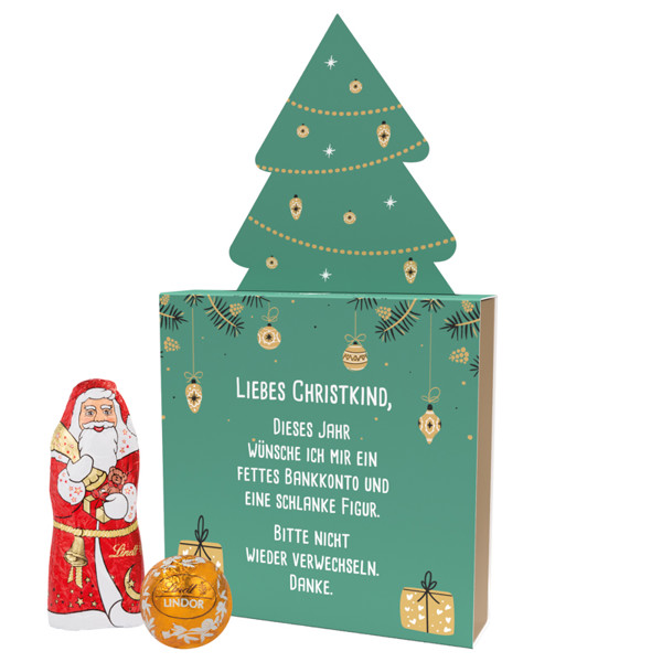 Lindt present, promotional slipcase "christmas tree", LINDOR mini chocolate balls & Santa