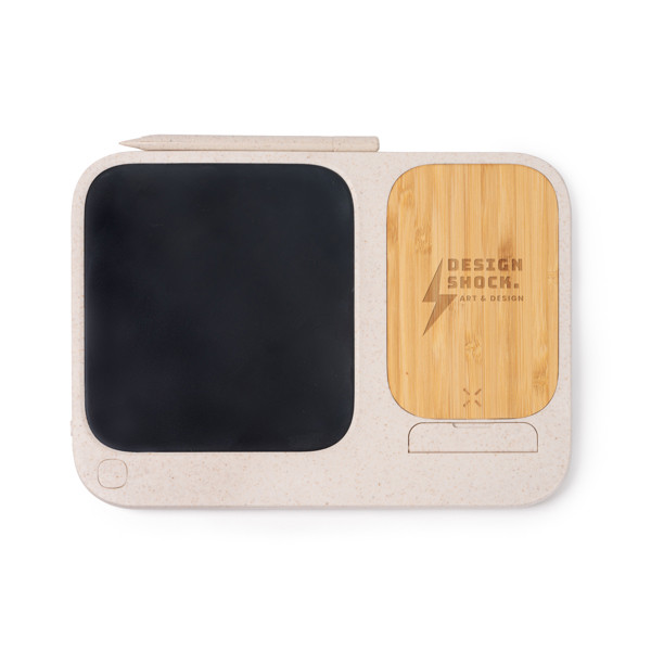 Cargador inalámbrico personalizado de bambú y fibra de trigo 15W con pizarra digital 6 pulgadas