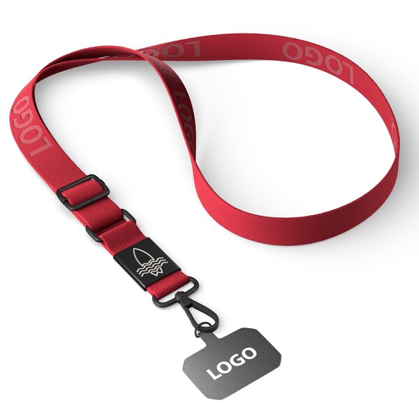 Suporte para telemóvel em forma de cruz feito de fita tecida com placa de metal gravada com o seu logótipo. Disponível em quantidades de 100 ou mais - Vermelho escarlate médio / Branco