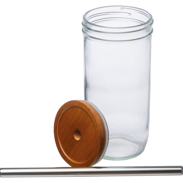 Glass mug with bamboo lid and straw BENEDYKT - Transparent