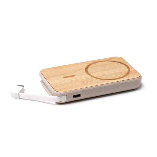 Custom bamboo and wheat fiber power bank 5000 mAh with magnetic wireless charging