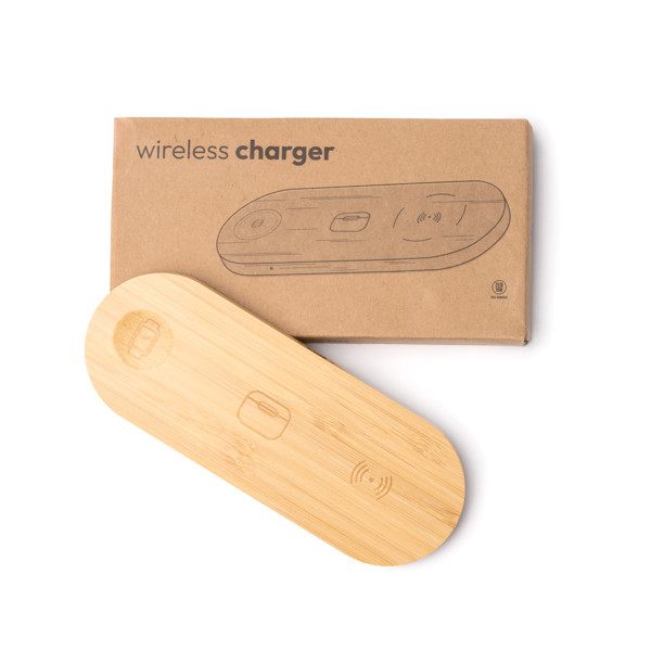 Cargador inalámbrico 3 en 1 personalizado de bambú 15W con indicadores luminosos