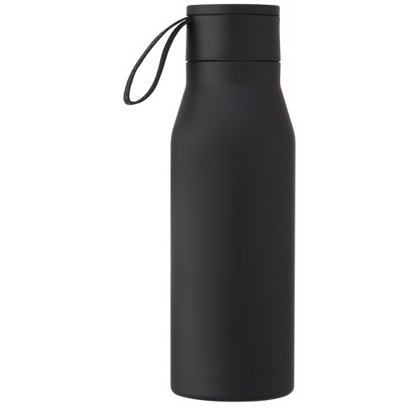 Ljungan 500 ml copper vacuum insulated stainless steel bottle with PU leather strap and lid - Black