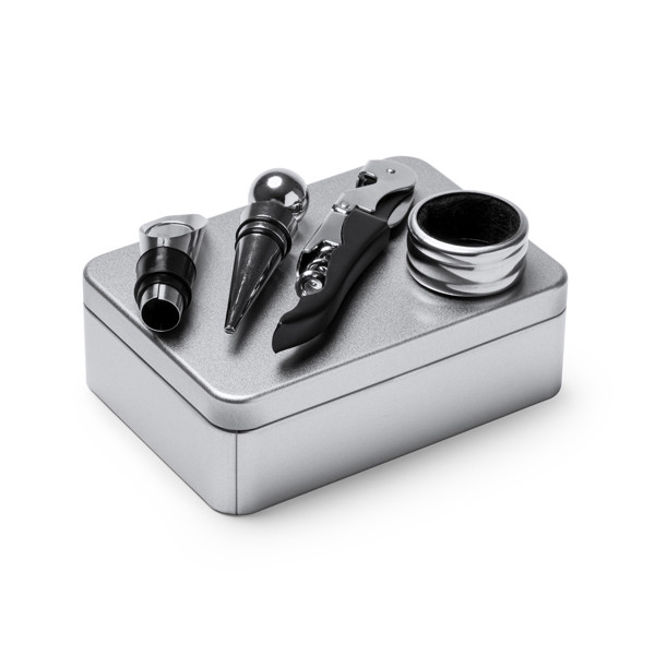 Set de vino personalizado de acero inoxidable con sacacorchos, recogegotas, tapón y dosificador