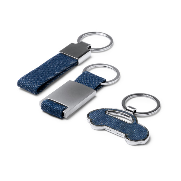 Personalised car-shaped keyring in denim fabric
