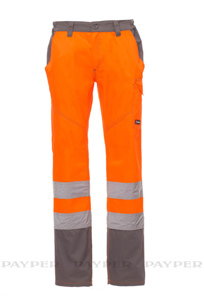 Calças de alta visibilidade - Cinzento Urze / Laranja Fluorescente 