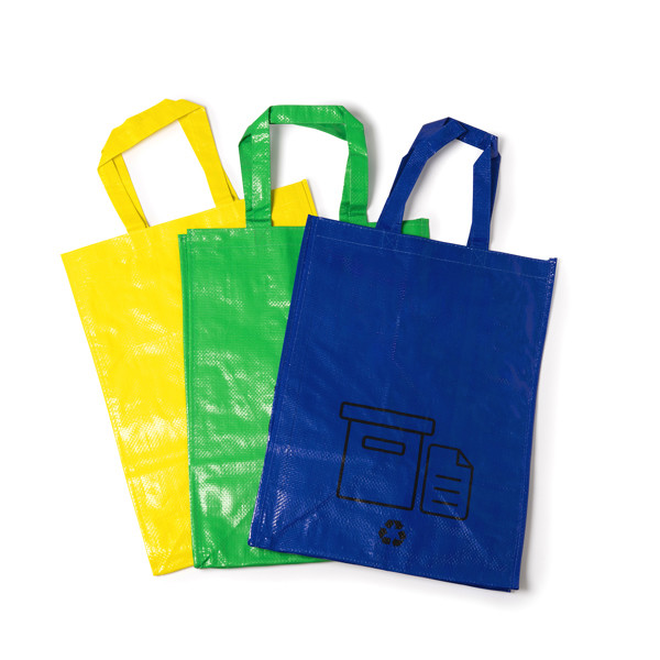 Set of 3 personalised recycling bags in PP-woven 35 litres with velcro and reinforced handles