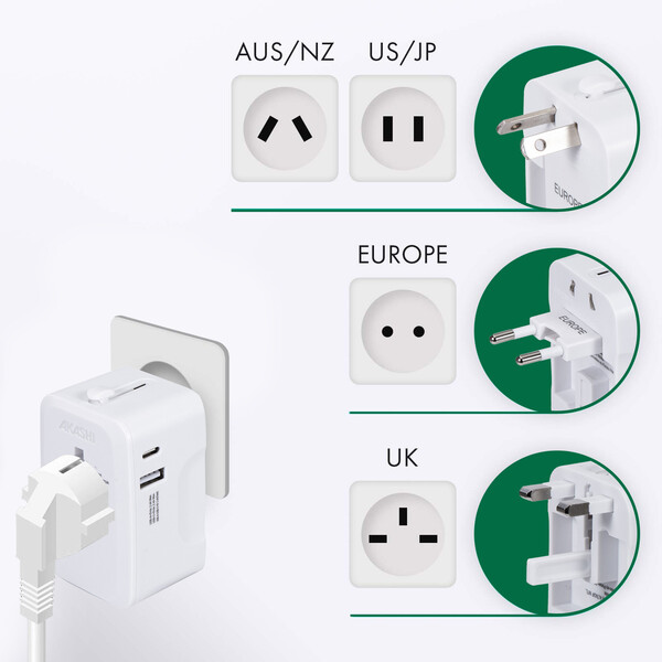 KOJIMA - ADAPTATEUR UNIVERSEL DE VOYAGE AVEC SORTIES USB-C ET USB-A - BLANC