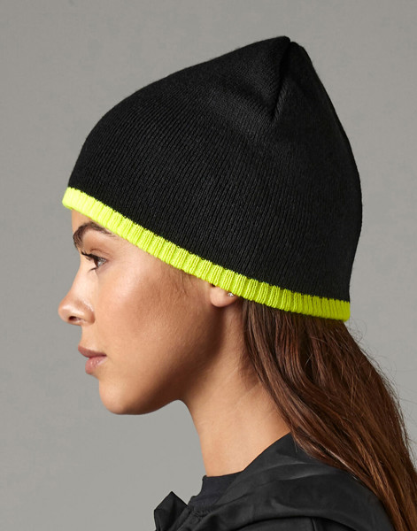 Two-Tone Beanie Knitted Hat - Black / Fluorescent Orange / ONE SIZE