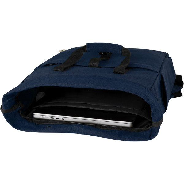 Sac à dos pour ordinateur portable Joey de 15 L en toile recyclée GRS 15 pouces avec dessus enroulable - Marine