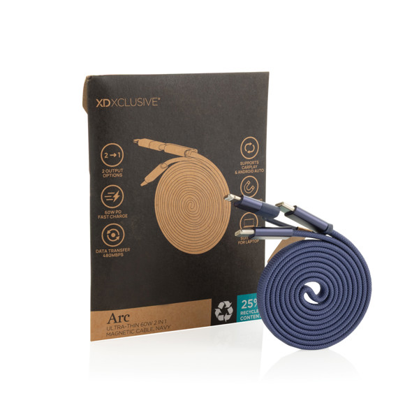 Câble magnétique 60W 2 en 1 Arc en PET RCS - Bleu