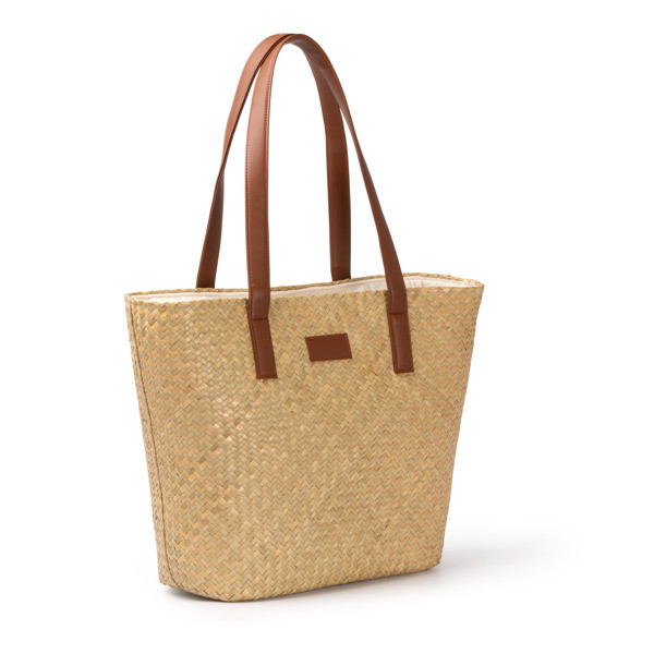 Personalised straw bag with cotton lining and PU handles