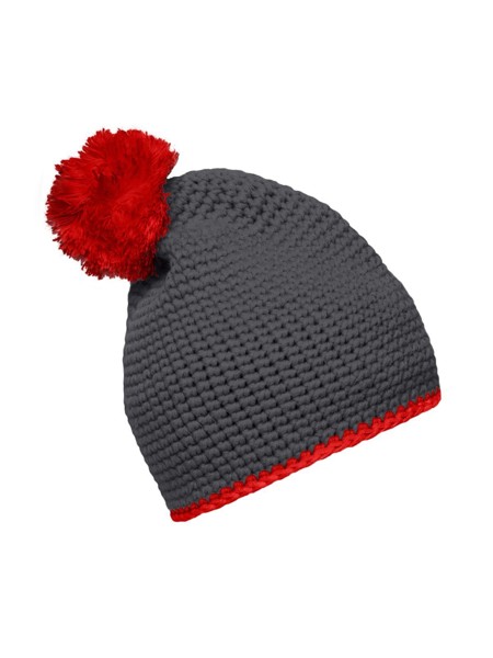 Pompon Hat with Contrast Stripe - Carbon / Red