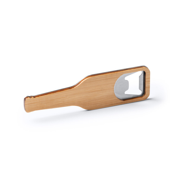 Personalised bottle opener in bamboo and metal with magnet